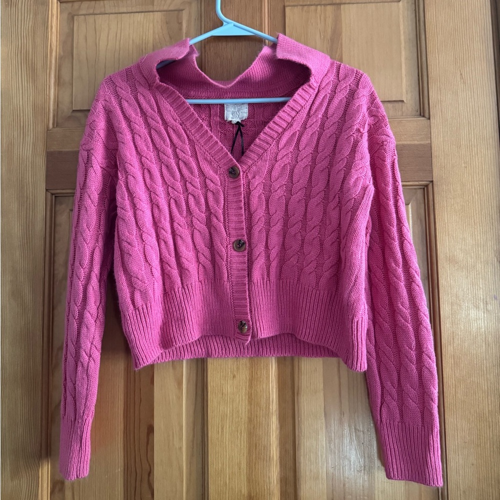 Pink Cropped Cable Knit Cardigan Sweater (Size Small )